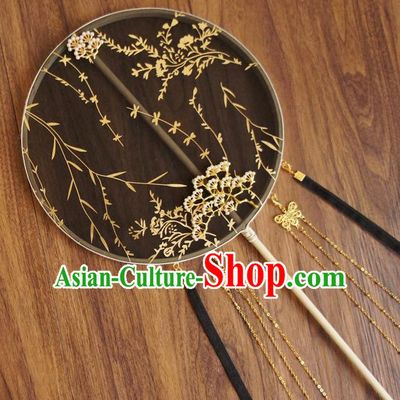 Chinese Traditional Hanfu Butterfly Tassel Black Pine Palace Fans Ancient Princess Silk Round Fan for Women