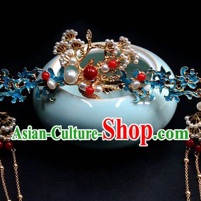 Chinese Ancient Tang Dynasty Palace Princess Pine Blueing Hair Crown Hairpins Traditional Hanfu Court Hair Accessories for Women