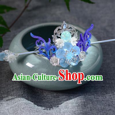 Chinese Ancient Tang Dynasty Palace Princess Blue Antler Hair Crown Hairpins Traditional Hanfu Court Hair Accessories for Women