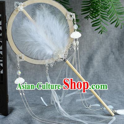 Chinese Traditional Hanfu Court Fans Ancient Ming Dynasty Princess White Feather Palace Fan for Women
