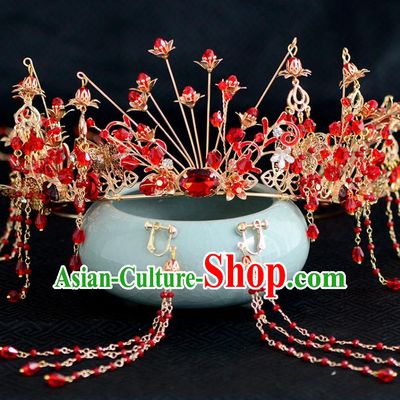 Chinese Ancient Tang Dynasty Palace Princess Red Phoenix Coronet Hairpins Traditional Hanfu Court Hair Accessories for Women