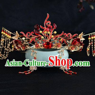 Chinese Ancient Tang Dynasty Palace Princess Red Crystal Phoenix Coronet Hairpins Traditional Hanfu Court Hair Accessories for Women