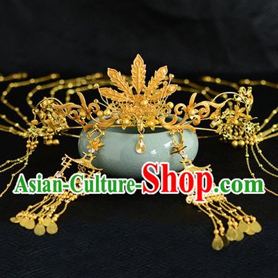 Chinese Ancient Tang Dynasty Palace Princess Golden Phoenix Coronet Hairpins Traditional Hanfu Court Hair Accessories for Women