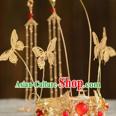 Chinese Ancient Tang Dynasty Princess Golden Phoenix Coronet Hairpins Traditional Hanfu Court Hair Accessories for Women