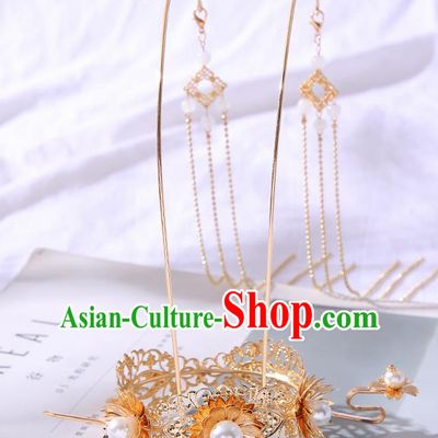 Chinese Ancient Tang Dynasty Princess Golden Lotus Phoenix Coronet Hairpins Traditional Hanfu Court Hair Accessories for Women