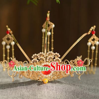Chinese Ancient Tang Dynasty Princess Golden Pine Phoenix Coronet Hairpins Traditional Hanfu Court Hair Accessories for Women