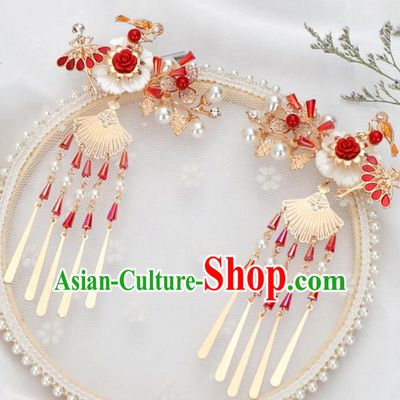 Chinese Ancient Ming Dynasty Princess Red Rose Hair Claws Hairpins Traditional Hanfu Court Hair Accessories for Women