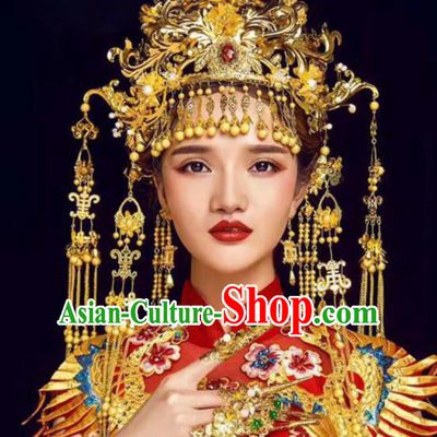 Chinese Ancient Bride Golden Phoenix Coronet Hairpins Traditional Hanfu Court Princess Hair Accessories for Women