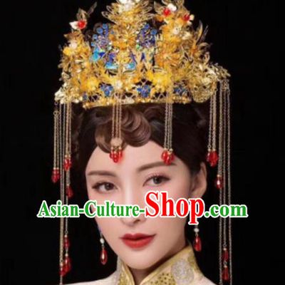 Chinese Ancient Bride Cloisonne Phoenix Coronet Hairpins Traditional Hanfu Court Princess Hair Accessories for Women