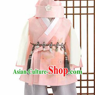 Traditional Korean Pink Hanbok Clothing Asian Korea Boys Fashion Apparel Hanbok Costume and Waistband for Kids