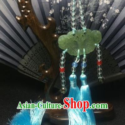 Traditional Chinese Hanfu Jade Carving Butterfly Waist Accessories Blue Tassel Pendant Ancient Swordsman Brooch