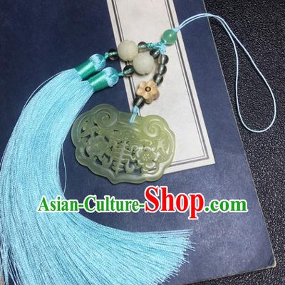 Traditional Chinese Hanfu Jade Carving Plum Waist Accessories Blue Tassel Pendant Ancient Swordsman Brooch