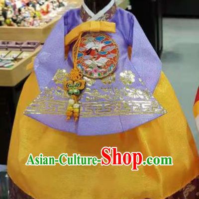 Traditional Korean Hanbok Clothing Purple Brocade Blouse and Yellow Dress Asian Korea Ancient Fashion Apparel Costume for Kids