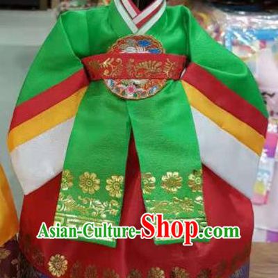 Traditional Korean Hanbok Clothing Green Brocade Blouse and Red Dress Asian Korea Ancient Fashion Apparel Costume for Kids