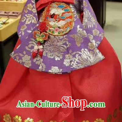 Traditional Korean Hanbok Clothing Purple Brocade Blouse and Red Dress Asian Korea Ancient Fashion Apparel Costume for Kids
