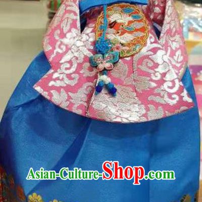 Traditional Korean Hanbok Clothing Pink Brocade Blouse and Blue Dress Asian Korea Ancient Fashion Apparel Costume for Kids