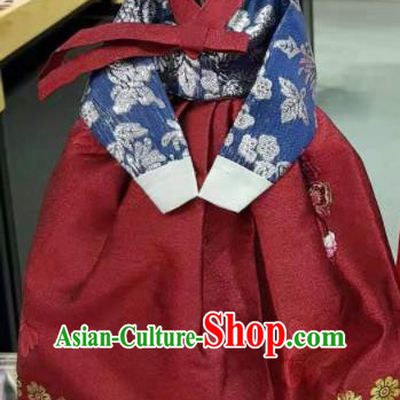 Traditional Korean Hanbok Clothing Navy Brocade Blouse and Red Dress Asian Korea Ancient Fashion Apparel Costume for Kids