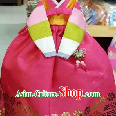 Traditional Korean Hanbok Clothing Pink Brocade Blouse and Rosy Dress Asian Korea Ancient Fashion Apparel Costume for Kids