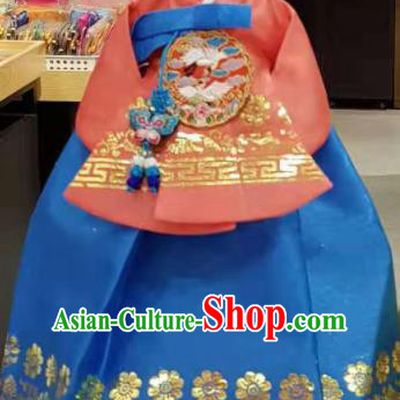 Traditional Korean Hanbok Clothing Orange Brocade Blouse and Blue Dress Asian Korea Ancient Fashion Apparel Costume for Kids