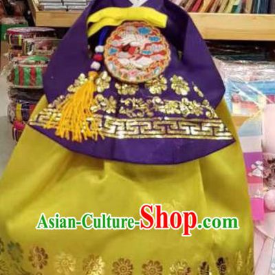 Traditional Korean Hanbok Clothing Purple Brocade Blouse and Yellow Dress Asian Korea Ancient Fashion Apparel Costume for Kids