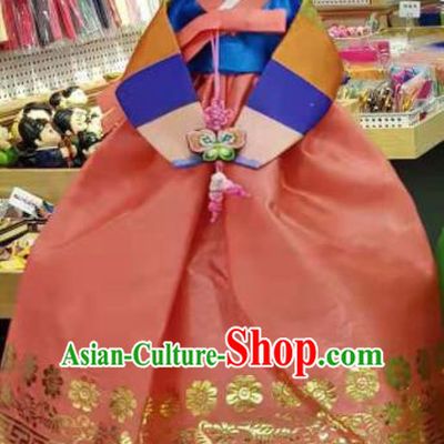 Traditional Korean Hanbok Clothing Blue Brocade Blouse and Pink Dress Asian Korea Ancient Fashion Apparel Costume for Kids