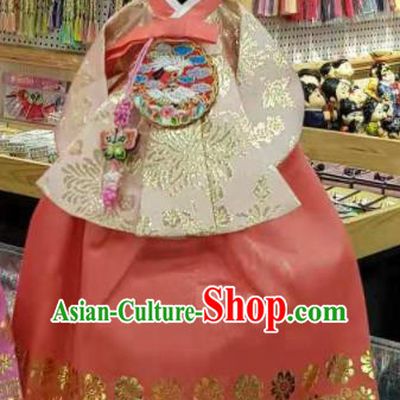 Traditional Korean Hanbok Clothing Brocade Blouse and Pink Dress Asian Korea Ancient Fashion Apparel Costume for Kids