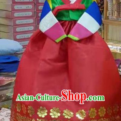 Traditional Korean Hanbok Clothing Green Brocade Blouse and Red Dress Asian Korea Ancient Fashion Apparel Costume for Kids