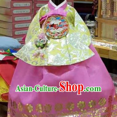 Traditional Korean Hanbok Clothing Yellow Brocade Blouse and Pink Dress Asian Korea Ancient Fashion Apparel Costume for Kids