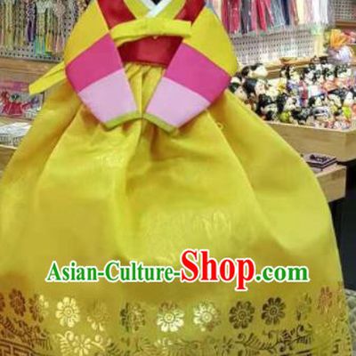 Traditional Korean Hanbok Clothing Red Brocade Blouse and Yellow Dress Asian Korea Ancient Fashion Apparel Costume for Kids