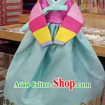 Traditional Korean Hanbok Clothing Rosy Brocade Blouse and Blue Dress Asian Korea Ancient Fashion Apparel Costume for Kids