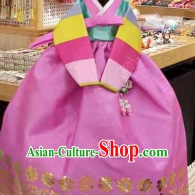 Traditional Korean Hanbok Clothing Green Brocade Blouse and Pink Dress Asian Korea Ancient Fashion Apparel Costume for Kids