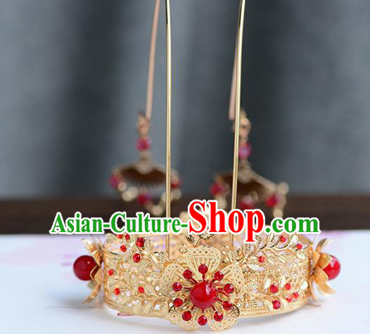 Chinese Ancient Ming Dynasty Princess Golden Tassel Phoenix Coronet Hairpins Traditional Hanfu Court Hair Accessories for Women