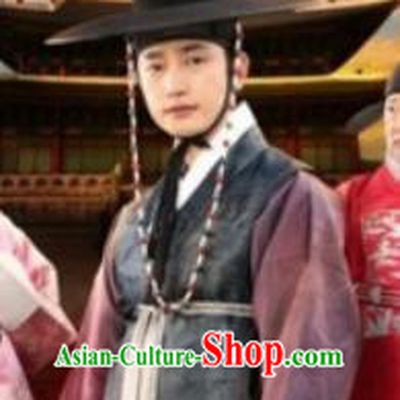 Traditional Korean Hanbok Grey Clothing Asian Korea Ancient Prince Apparel Costume and Hat for Men