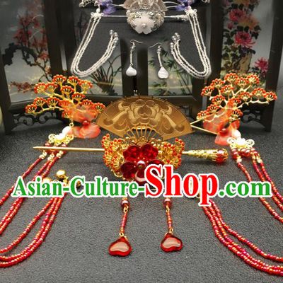 Chinese Ancient Ming Dynasty Princess Red Pine Hair Crown Hairpins Traditional Hanfu Court Hair Accessories for Women