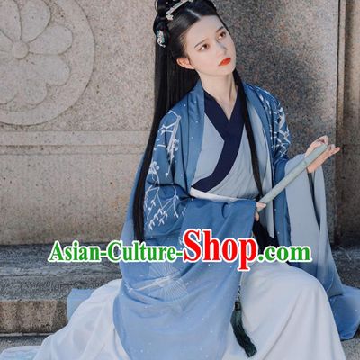 Traditional Chinese Jin Dynasty Imperial Concubine Replica Costumes Ancient Court Princess Blue Hanfu Dress for Women