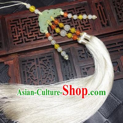 Traditional Chinese Hanfu Jade Carving Cloud Waist Accessories White Tassel Pendant Ancient Swordsman Brooch