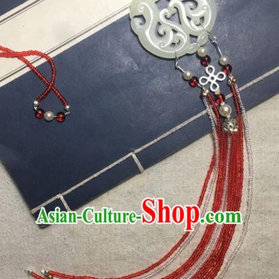 Traditional Chinese Hanfu Jade Carving Waist Accessories Palace Red Beads Tassel Pendant Ancient Swordsman Brooch