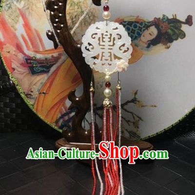 Traditional Chinese Hanfu White Jade Carving Waist Accessories Palace Beads Tassel Pendant Ancient Swordsman Brooch