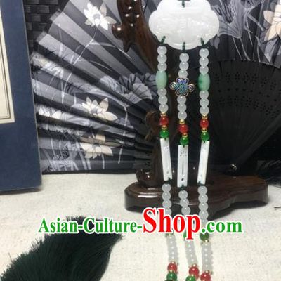 Traditional Chinese Hanfu White Jade Carving Waist Accessories Palace Green Tassel Pendant Ancient Swordsman Brooch