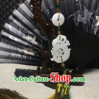 Traditional Chinese Hanfu White Jade Carving Dragon Waist Accessories Palace Tassel Pendant Ancient Swordsman Brooch
