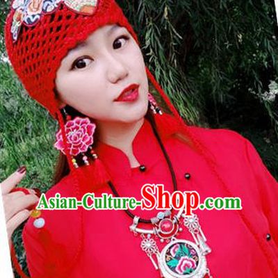 Chinese Traditional Ethnic Embroidered Hat National Handmade Red Wool Knitting Hat for Women