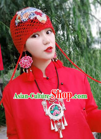 Chinese Traditional Ethnic Embroidered Hat National Handmade Red Wool Knitting Hat for Women Chinese Traditional Ethnic Embroidered Hat National Handmade Red Wool Knitting Hat for Women