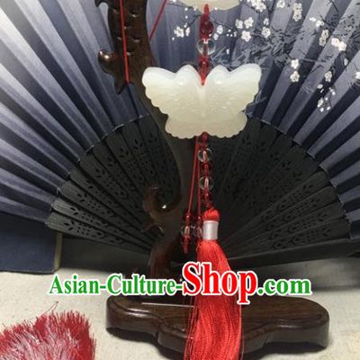 Traditional Chinese Hanfu Jade Carving Butterfly Lotus Waist Accessories Palace Red Tassel Pendant Ancient Swordsman Brooch