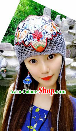Chinese Traditional Ethnic Embroidered Hat National Handmade Grey Wool Knitting Hat for Women
