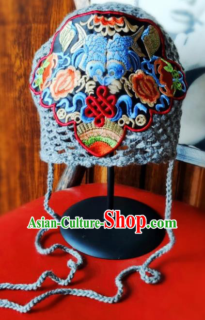 Chinese Traditional Ethnic Embroidered Hat National Handmade Grey Wool Knitting Hat for Women