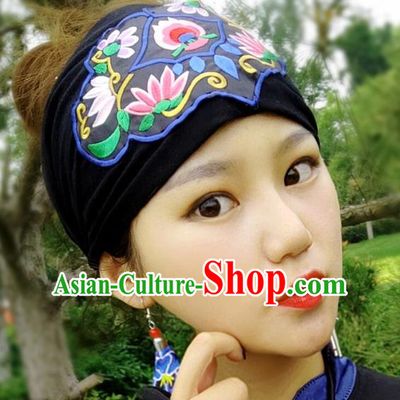 Chinese Traditional Ethnic Embroidered Lotus Blue Headband National Handmade Hair Clasp for Women