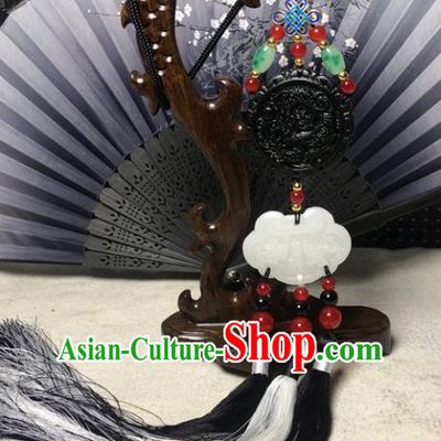 Traditional Chinese Hanfu Black Jade Carving Waist Accessories Palace Tassel Pendant Ancient Swordsman Brooch