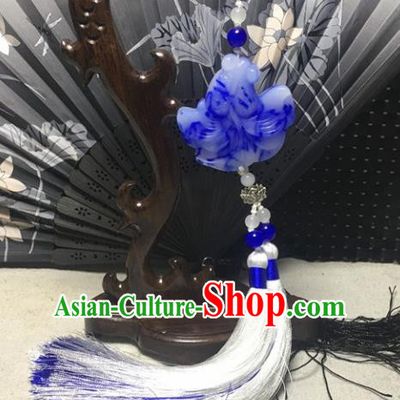 Traditional Chinese Hanfu Blue Jade Carving Waist Accessories Tassel Pendant Ancient Swordsman Brooch