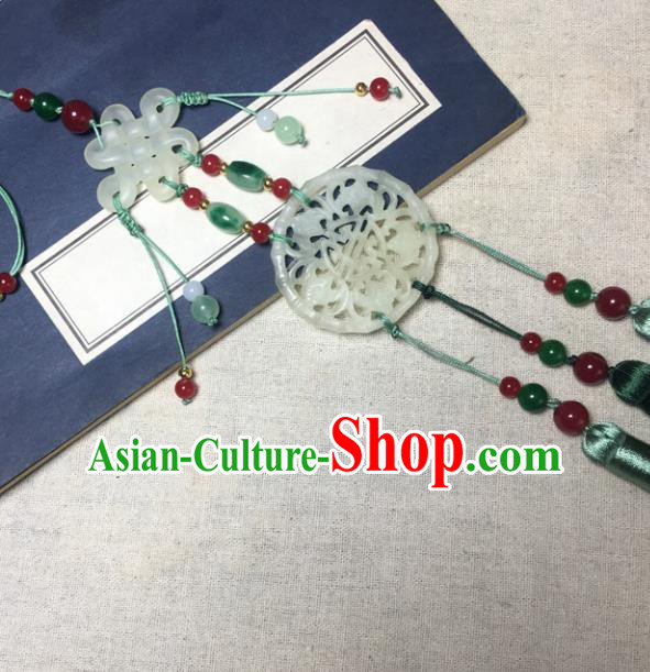 Traditional Chinese Hanfu Jade Carving Waist Accessories Palace Green Tassel Pendant Ancient Swordsman Brooch