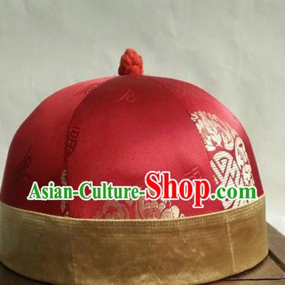 Chinese Traditional Handmade Qing Dynasty Prince Red Hat Ancient Drama Nobility Childe Headwear for Men